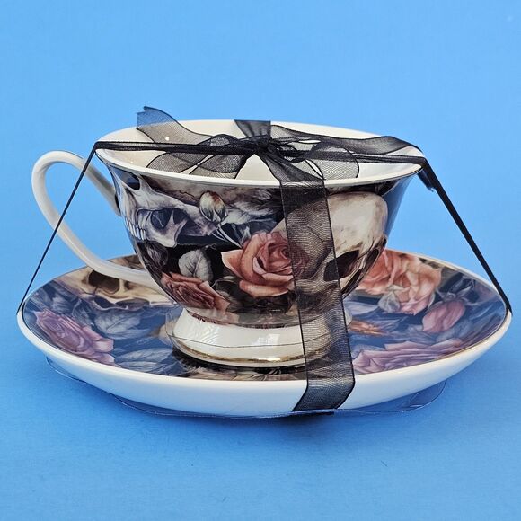Skull & Roses Teacup & Saucer Gothic Home  Witchy Victorian Decor Dark Academia - Picture 2 of 16